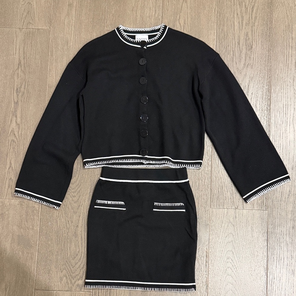 SNDYS. Black and White Trim Cardigan and Skirt Set